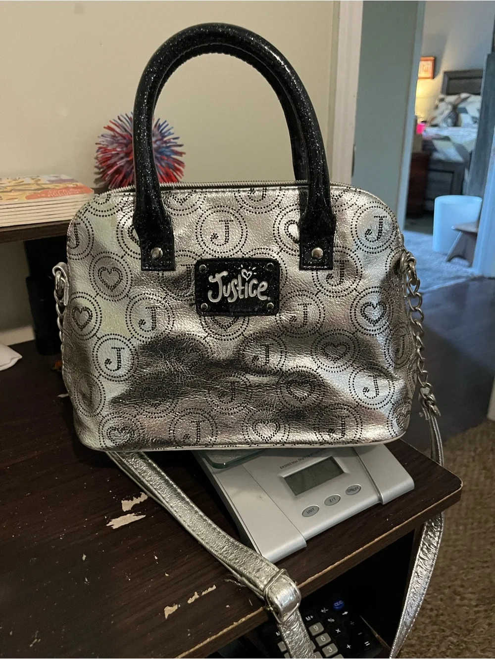 Justice Silver Metallic Heart-Print Satchel with Black Handles
